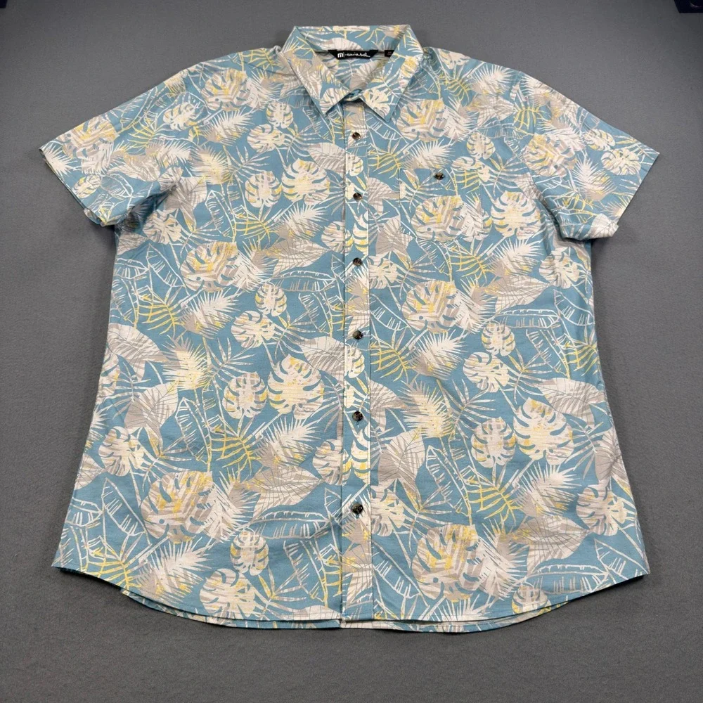 Travis Mathew Mens XXL Blue Tropical Monstera Palm Short Sleeve Button Up Shirt - Picture 2 of 8